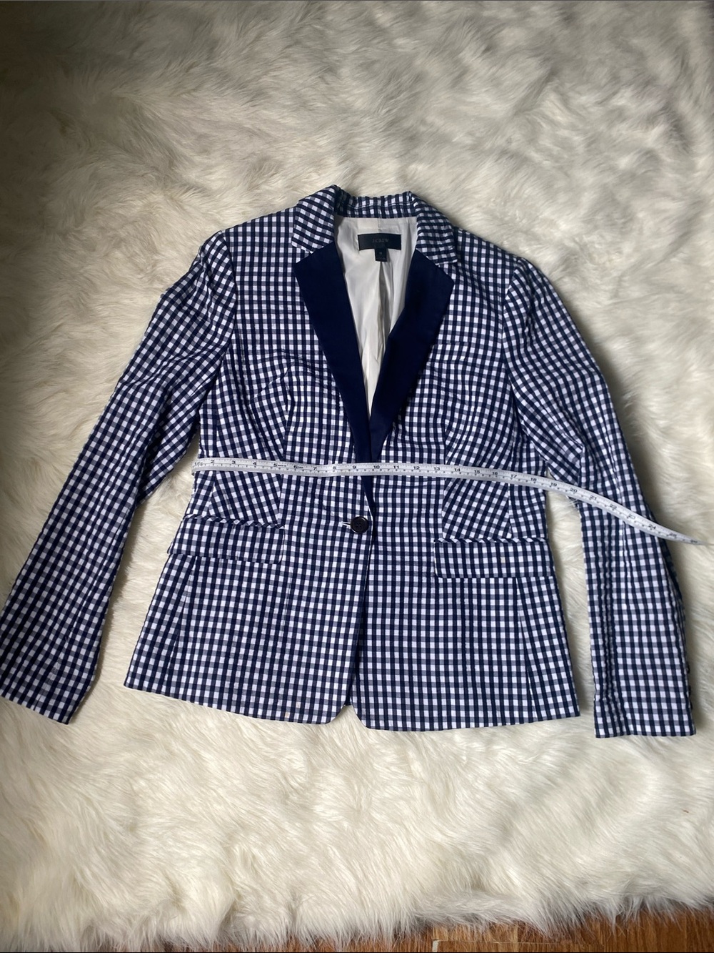 J. Crew Navy and White Gingham Blazer with Contrasting Navy Lapel